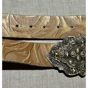 Juliana Collezione Belt MED‎ Tooled Metallic Italian Leather Rhinestone Buckle